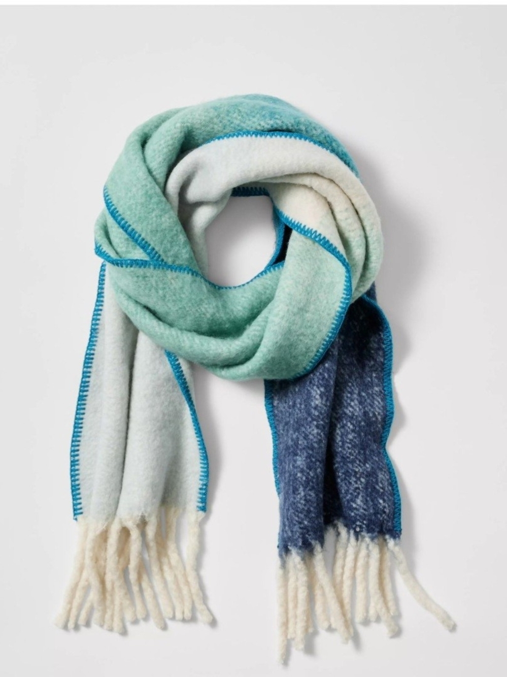 Ann Taylor Mint, Navy & Cream Colorblock Fringe Scarf